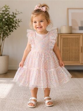 Lola + The Boys Iridescent Pink Daisy Sequins Tulle Ruffle Dress Size 2 (030)